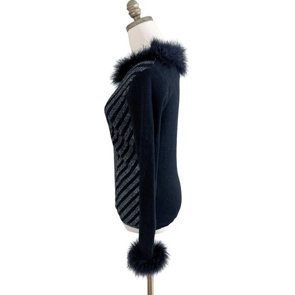 Vintage Y2K Black/Metallic Silver Zip Up Cardigan with Feather Accent Sz Medium - Picture 4 of 8